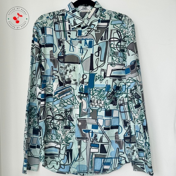 Hermès Men’s Modernisme Tropical Shirt in Blue and Green - Picture 1 of 5